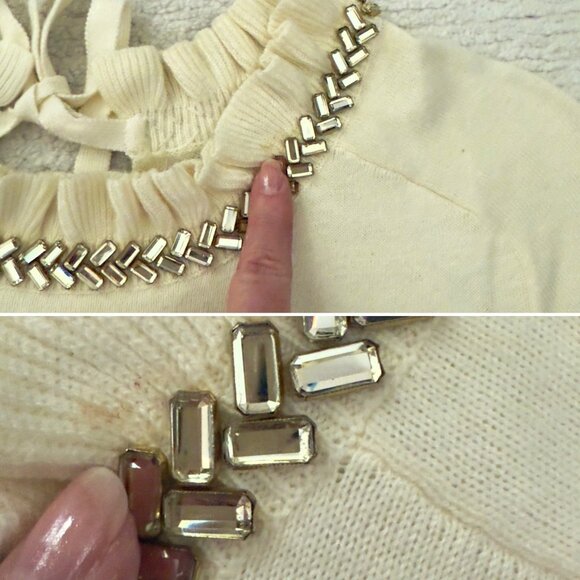 RSVP by Talbots Sweater Size SP Cream Ruffle Neck Jeweled Trim Bow Back Elegant - Picture 6 of 13